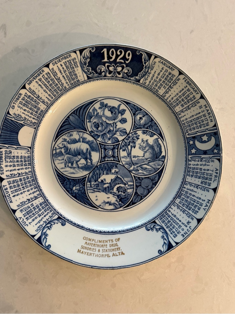 Blue and White 1929 Decorative Calendar Plate - Home Dining Accent